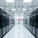 Sistem proteksi kebakaran berbasis gas untuk data center modern dengan server rack dan monitoring panel.