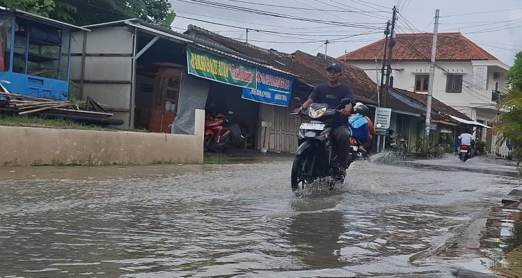 Warga melintas di genangan air banjir
